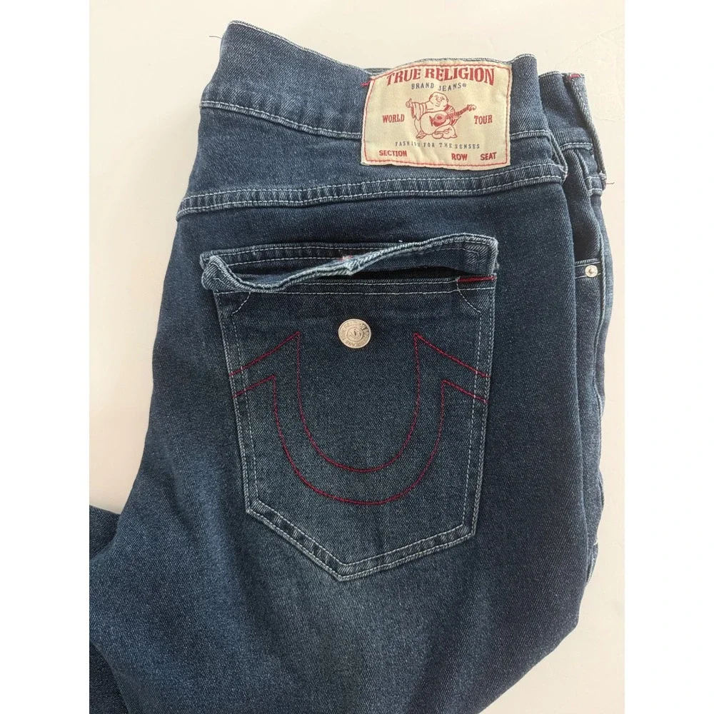 True Religion Geno Relaxed Slim Jeans Men 36 Dark Wash Red Horseshoe Flap Pocket